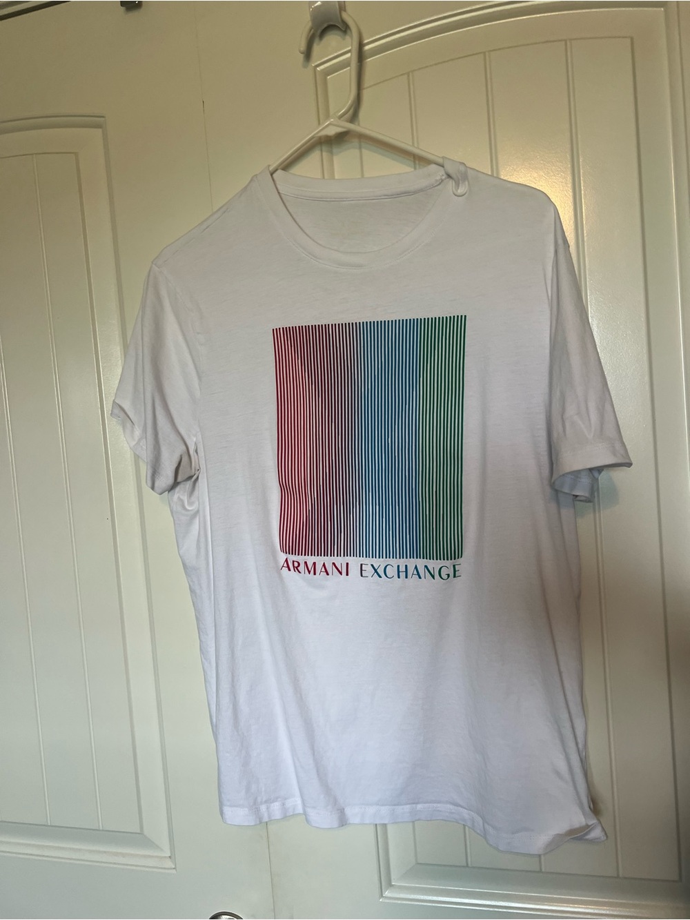 Armani Exchange White T-Shirt with Red-to-Green Gradient Stripe Box